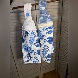 Elegant Blue Floral Kitchen Towels with Crochet Top